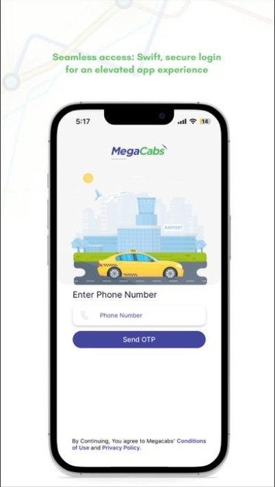 Mega Cabs login and OTP screen
