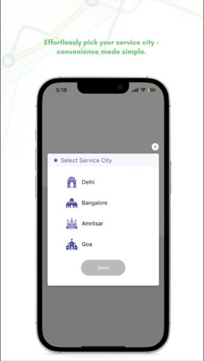 Mega Cabs select service city screen