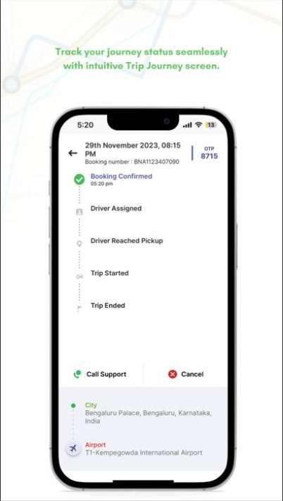 Mega Cabs trip journey status timeline screen