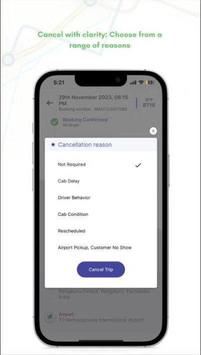 Mega Cabs trip cancellation reason screen