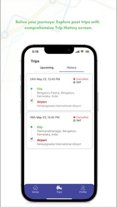 Mega Cabs trip history screen