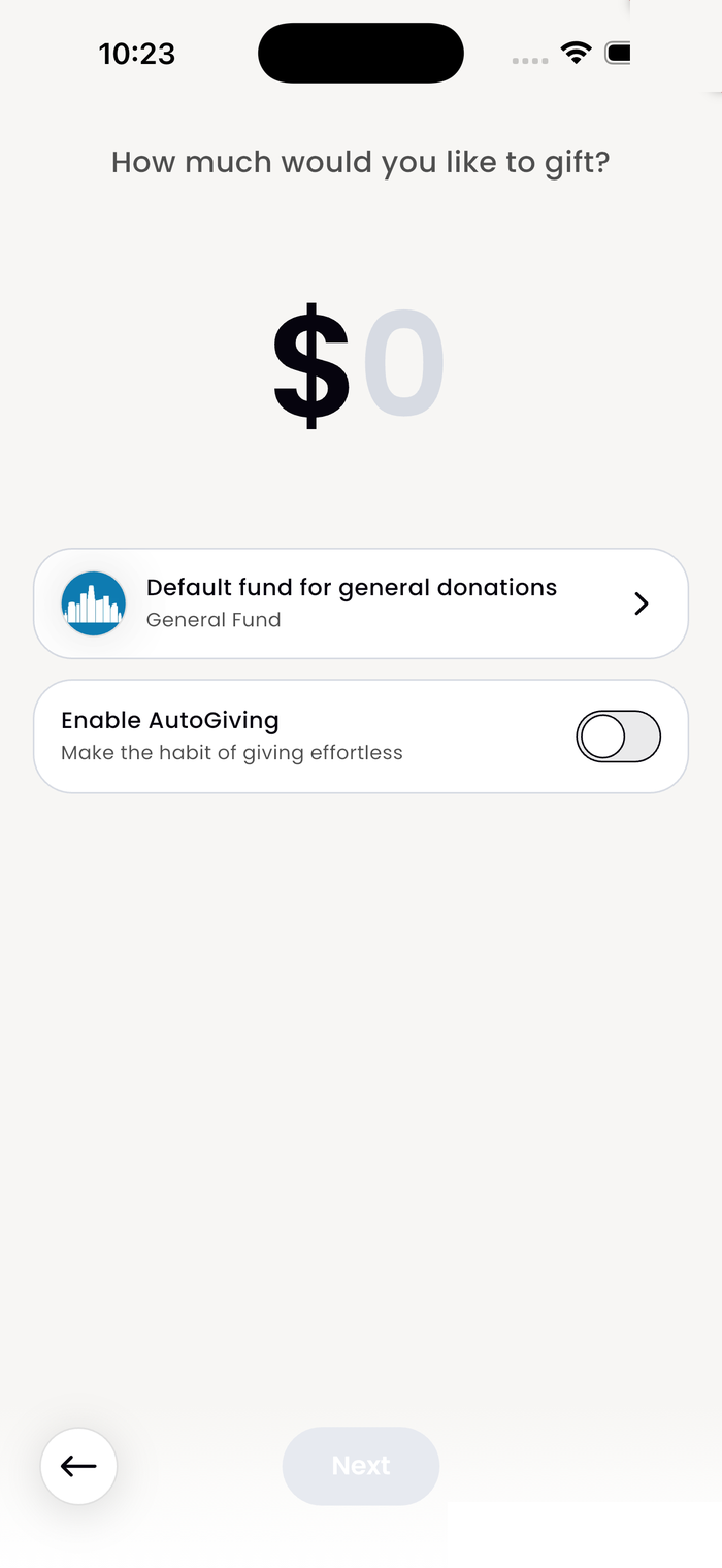 Choose Gift Amount screen