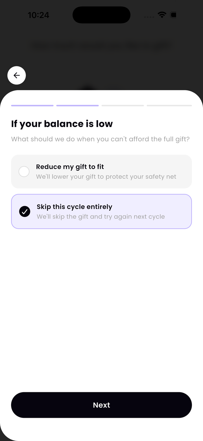 Low Balance Rule Skip screen