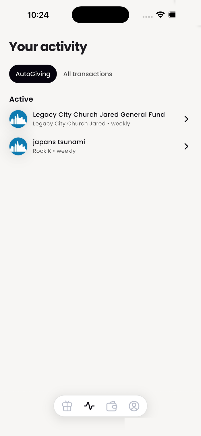 Activity AutoGiving screen