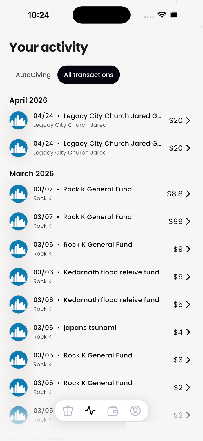 Activity All Transactions screen